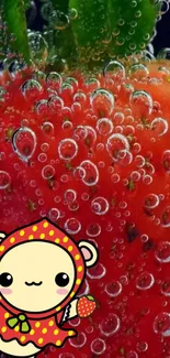 Cute cartoon character on a strawberry background with bubbles.