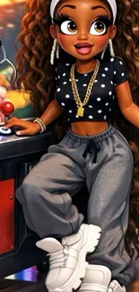 Cartoon girl in an arcade with vibrant colors and playful expression.