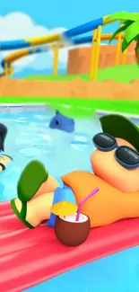 Cartoon characters relaxing by the pool with tropical backdrop and vibrant colors.