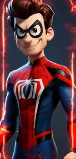 Animated superhero in red and blue suit on dark background.