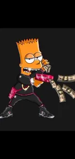 Cartoon character with swag and cash on dark wallpaper.