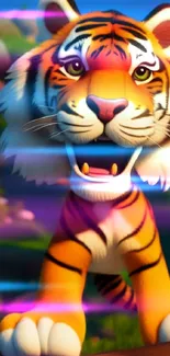 Animated cartoon tiger in a natural setting with vibrant colors.