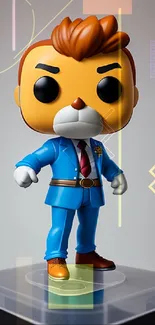 Vibrant cartoon toy figure in a blue suit on a display stand.