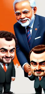 Cartoon characters in formal suits with orange background on mobile wallpaper.