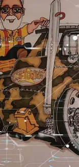 Cartoon illustration of a camouflage truck artwork.