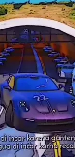 Blue cartoon car races through tunnel.