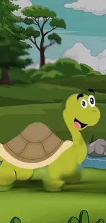 Cartoon turtle in forest with lush green background.