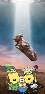 Cartoon characters and UFO abducting a cow in a starry night scene.