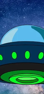 Cartoon UFO flying across a starry night sky.