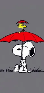 Cartoon character with red umbrella on gray background.