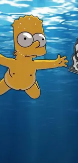 Cartoon character diving underwater for cash in a vibrant ocean scene.