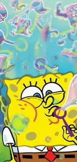 SpongeBob SquarePants blowing bubbles underwater, vibrant cartoon scene.