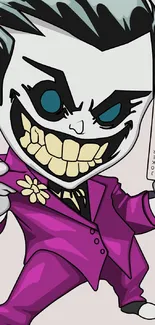 Cartoon character in purple suit holding a joker card.