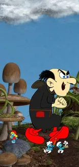 Gargamel cartoon character in mushroom landscape.