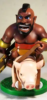 Animated warrior on a pig toy figurine with brown and bright colors.