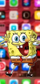 SpongeBob SquarePants character with colorful app icons in background.