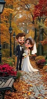 Cartoon couple wedding in an autumn forest path.