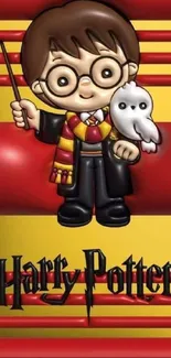 Cartoon wizard with red and yellow background.