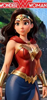 Animated Wonder Woman in vibrant colors with scenic background.