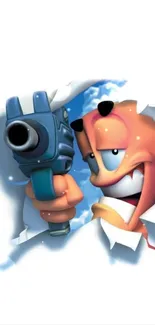 Cartoon worm with a blue gun peeking through paper with sky background.