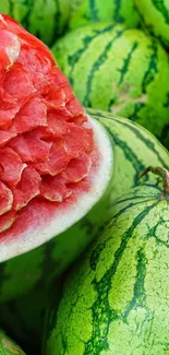 Intricately carved watermelon amidst fresh green melons.