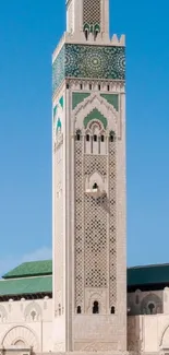 Hassan II Mosque in Casablanca against blue sky.