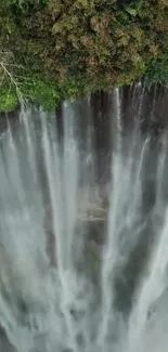 Aerial view of a cascading waterfall in a lush green forest.