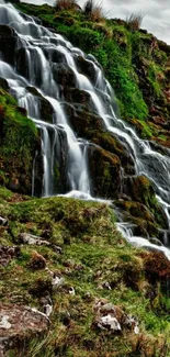 Cascading waterfall amidst lush greenery in nature.