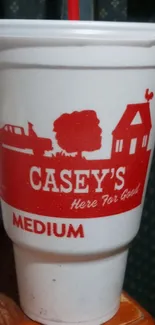 Casey's medium cup with red graphics on a white background.