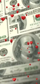 Dollars with red hearts floating on a vibrant wallpaper design.