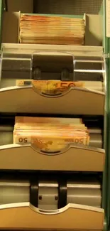 Image of a money-counting machine with stacked currency.