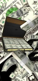 Dynamic mobile wallpaper featuring hundred-dollar bills exploding from a briefcase.