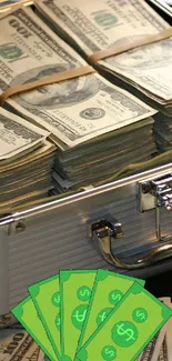 Stacks of cash in a metal suitcase with scattered dollar bills.