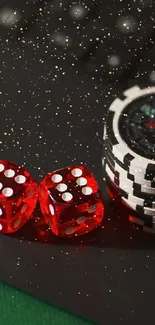 Casino chips and red dice on a laptop, perfect for a gaming wallpaper.