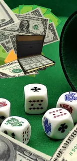 Mobile wallpaper featuring casino dice, cash, and a money suitcase on a green background.