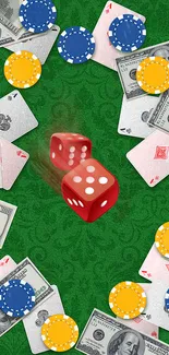 Mobile wallpaper with dice, poker chips, dollar bills, and cards on green background.