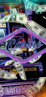 Casino-themed wallpaper with dollar bills and slot machine.