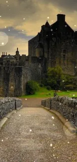 Majestic stone castle under a stormy sky with dramatic lighting.