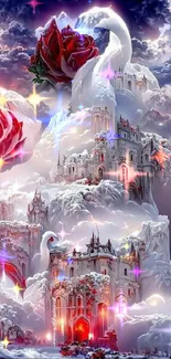 Dreamy castle surrounded by clouds and roses in a fantastical scene.