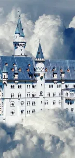 Castle surrounded by fluffy clouds under a blue sky.