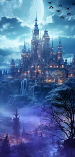 Enchanted castle lit by moonlight in a mystical landscape.