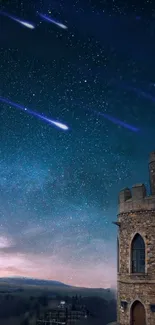 Castle under a starry night sky with shooting stars in the background.