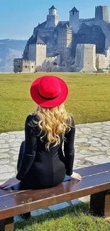 Woman in red hat sits facing a castle with scenic view.