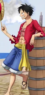 Anime character in casual clothes, leaning on a barrel with a playful expression.