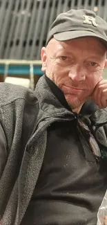 Man in black casual outfit with hat, seated indoors.