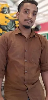 Man in a brown shirt posing with a vibrant blurred background.