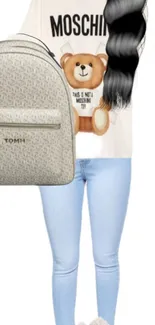 Casual outfit with jeans, cartoon shirt, and designer backpack wallpaper.