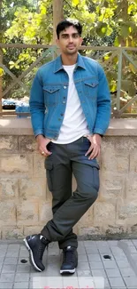 Man posing in denim jacket outdoors.