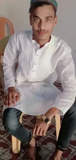 Man in casual traditional attire seated on patterned floor.