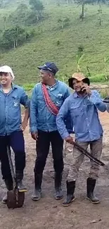 Farmers standing on rural land in denim shirts.